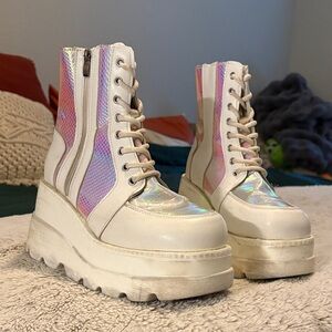White Iridescent Platform Lace-Up Ankle Boots